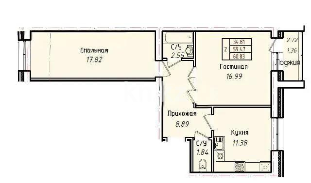 Продажа 2-комнатной квартиры, 60.83 м², ул. Кургальжинское шоссе, дом  108 стр - Продажа  двухкомнатных квартир в Астане без посредников с фото фото 1 из 1