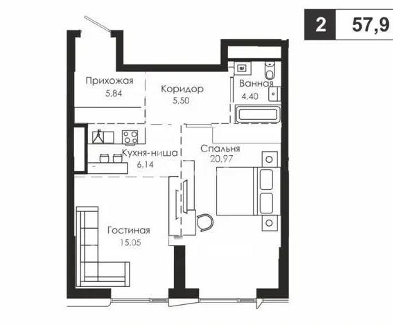Продажа 2-комнатной квартиры, 57.9 м² в Астане