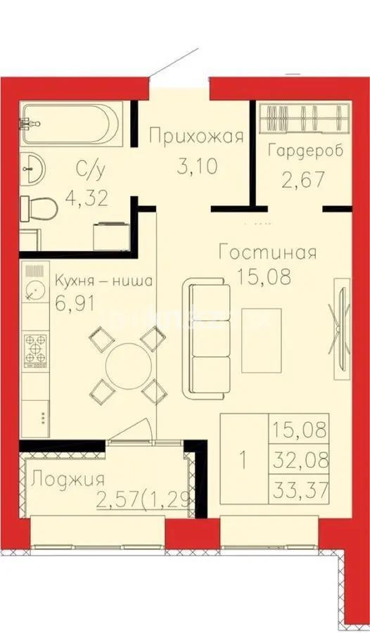 Продажа 1-комнатной квартиры, 33.37 м², ул. Айтматова, дом  63 стр - Продажа  однокомнатных квартир в Астане фото 1 из 1