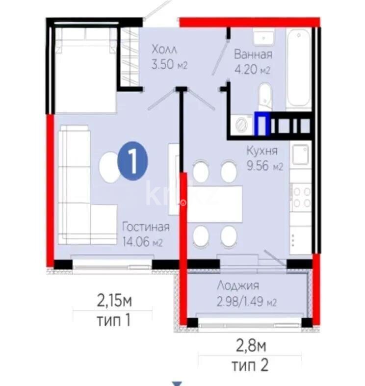 Продажа 1-комнатной квартиры, 32.81 м² в Астане