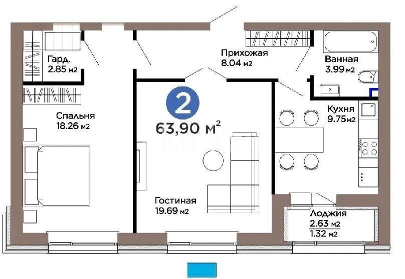 Продажа 2-комнатной квартиры, 63.9 м² в Астане