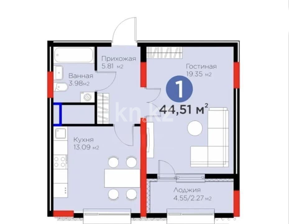 Продажа 1-комнатной квартиры, 45 м², ул. Толе би, дом  54/1 в Астане