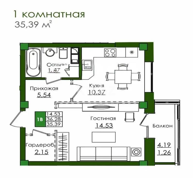 Продажа 1-комнатной квартиры, 35.39 м² - Недвижимость в Астане - страница 17 фото 1 из 1