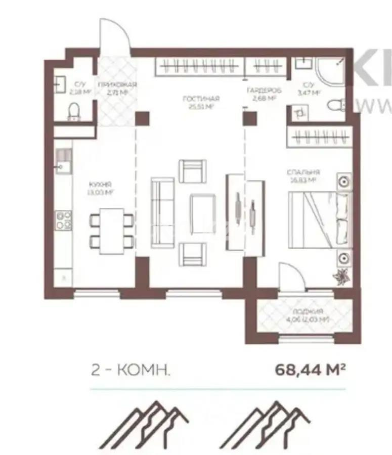 Продажа 2-комнатной квартиры, 68.44 м², ул. Нурмагамбетова, дом  140/3 - Продажа  двухкомнатных квартир в Алматы фото 2 из 2