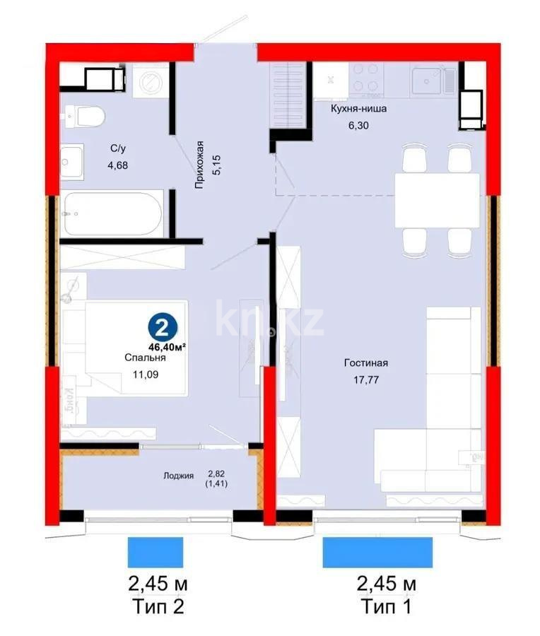 Продажа 2-комнатной квартиры, 46.4 м² в Алматы