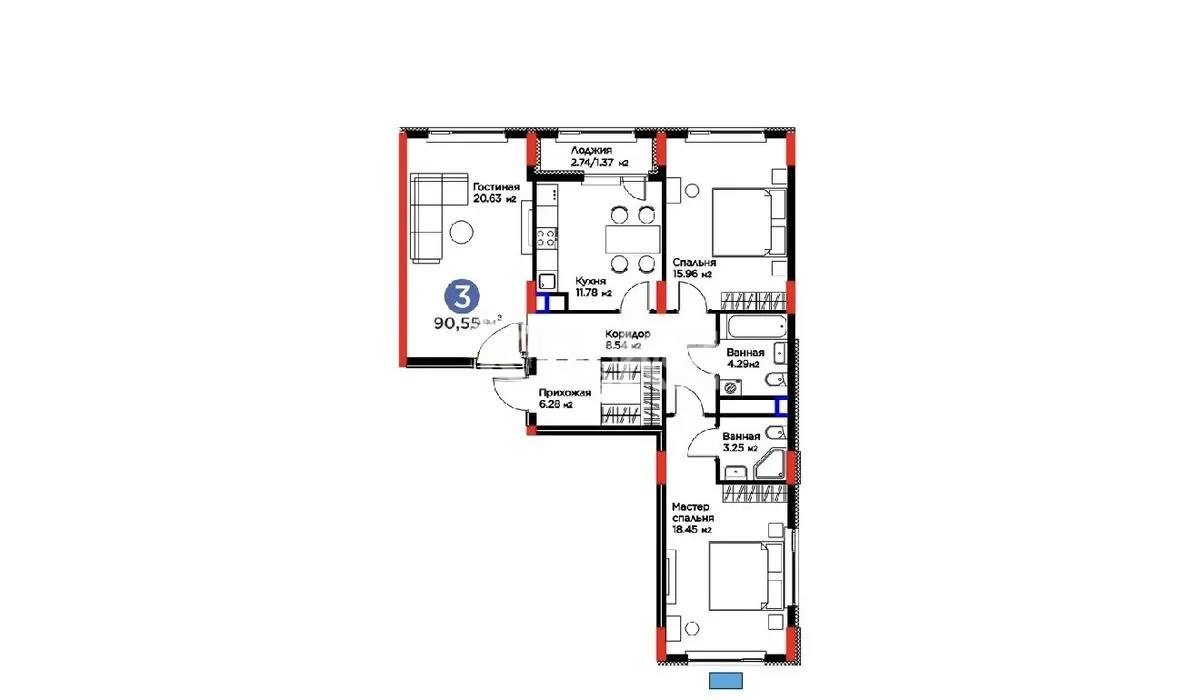 Продажа 3-комнатной квартиры, 91 м² в Астане