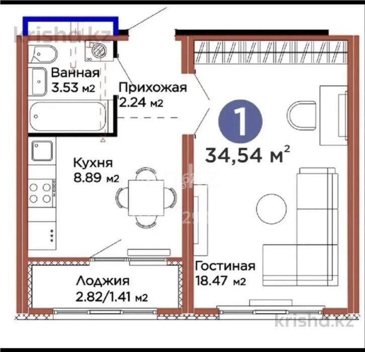 Продажа 1-комнатной квартиры, 34.54 м² в Астане