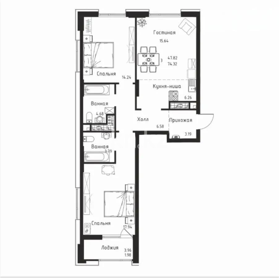 Продажа 3-комнатной квартиры, 74.8 м², пр. Улы Дала, дом  29/1 - Продажа  трехкомнатных квартир в новостройках Астаны с фото фото 8 из 8