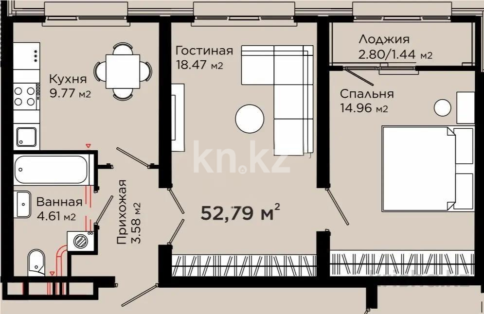 Продажа 2-комнатной квартиры, 52.76 м², пр. Улы Дала, дом  12 в Астане