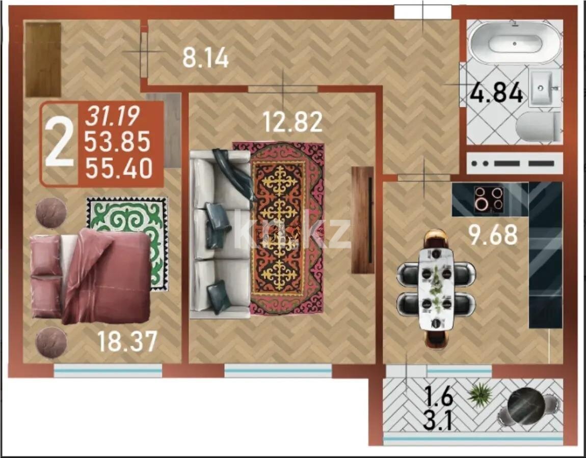 Продажа 2-комнатной квартиры, 55.4 м² в Астане