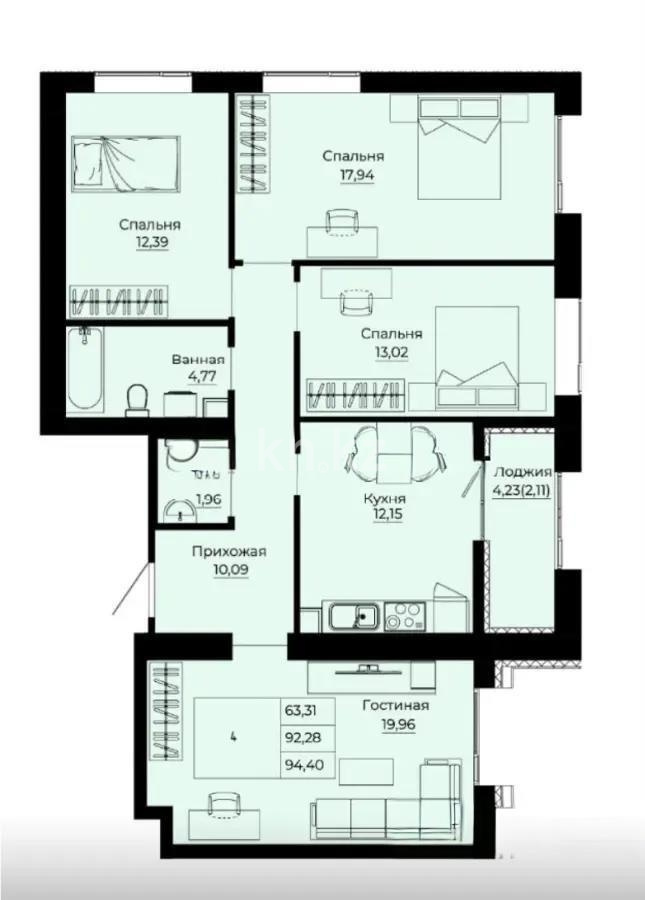 Продажа 3-комнатной квартиры, 76 м² - Продажа трехкомнатных квартир от собственников в Казахстане - страница 2 фото 1 из 1
