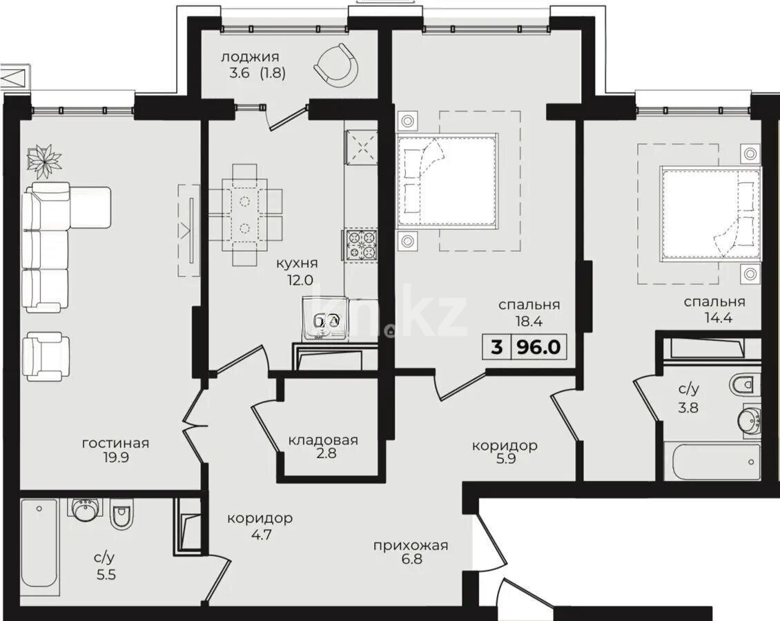 Продажа 3-комнатной квартиры, 96 м² в Астане