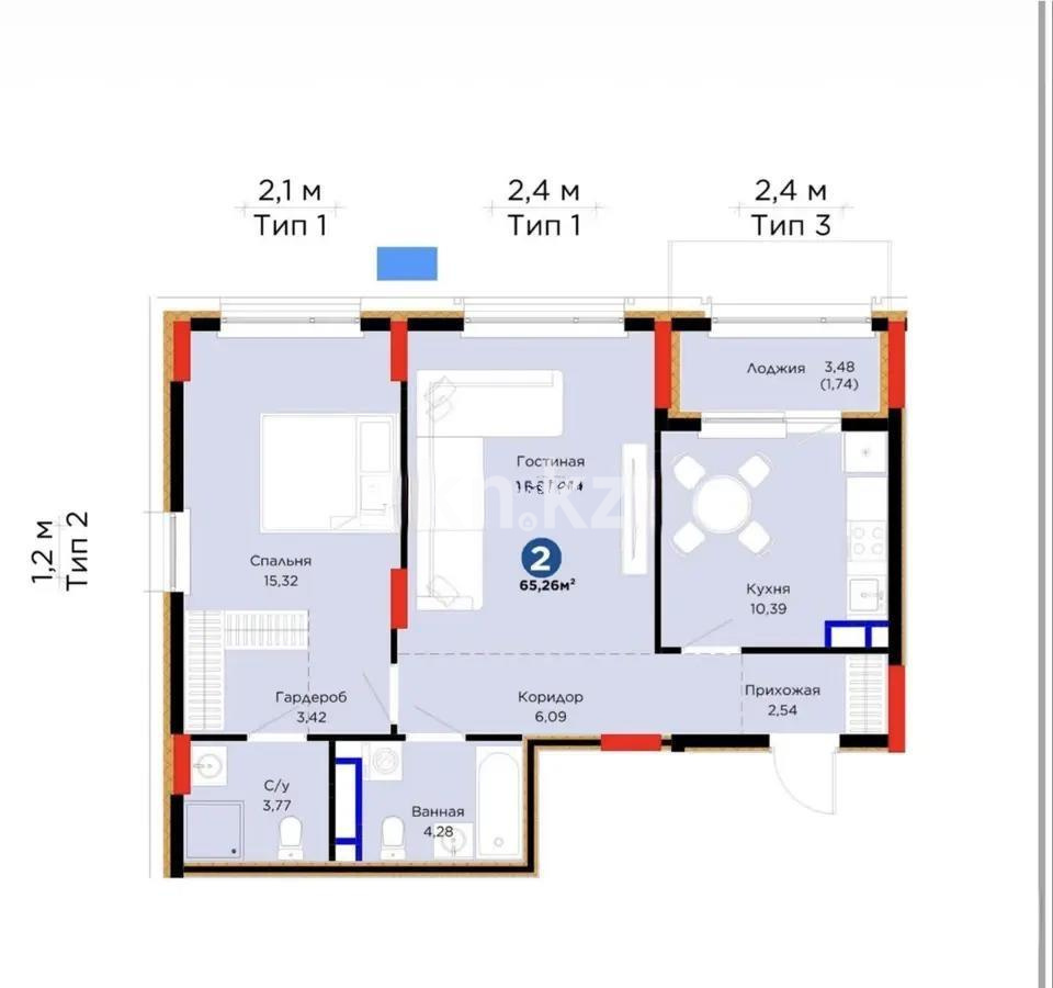 Продажа 2-комнатной квартиры, 65.26 м² в Астане