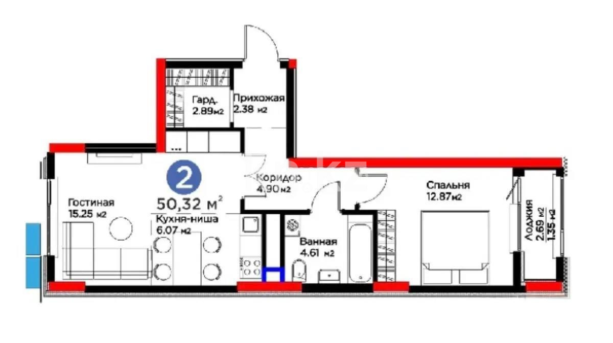 Продажа 2-комнатной квартиры, 50 м², ул. Рыскулова, дом  18/1 - Продажа  двухкомнатных квартир в новостройках Астаны с фото фото 1 из 1