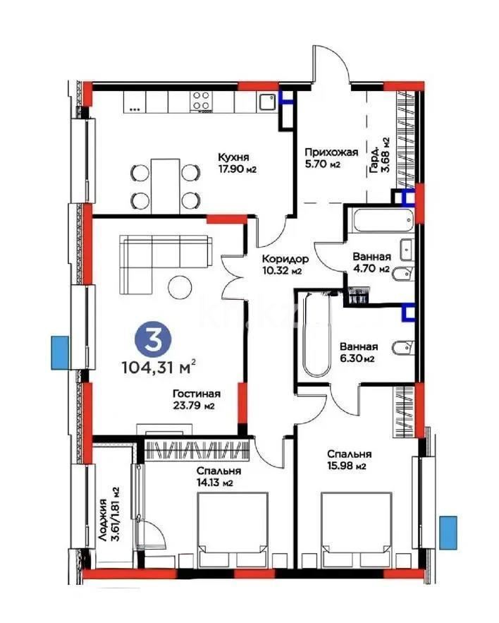 Продажа 3-комнатной квартиры, 104.31 м² в Астане - фото 2