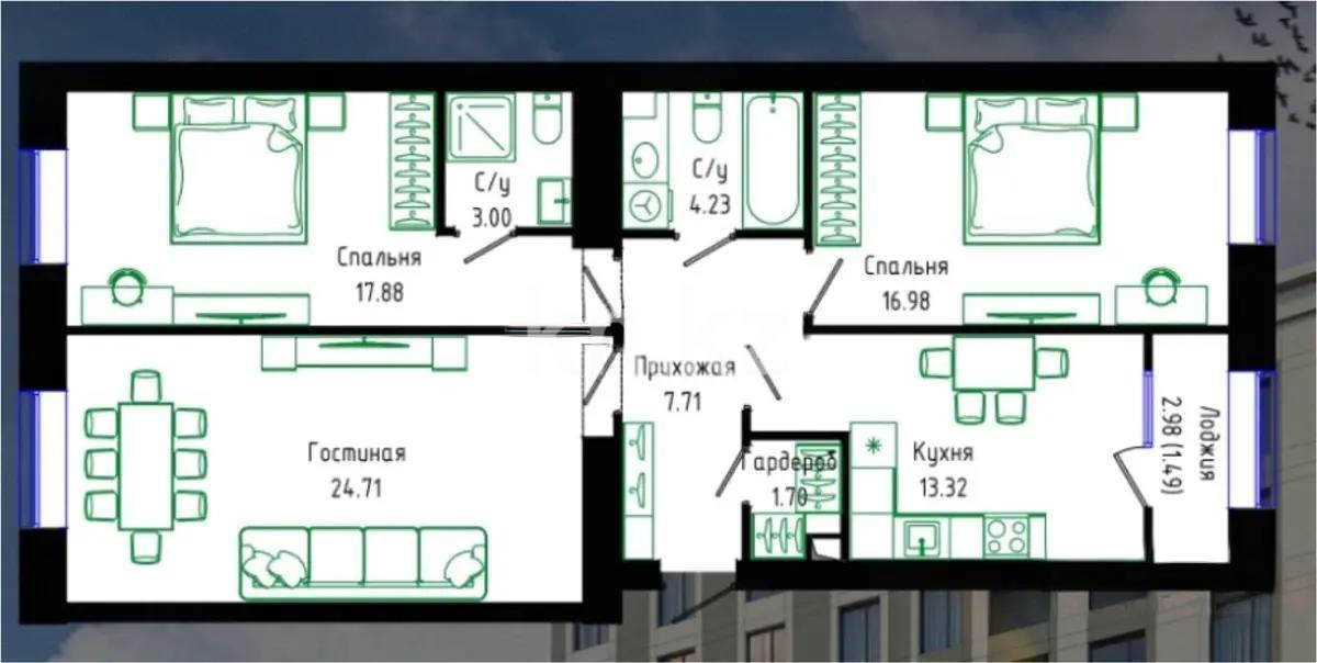 Продажа 3-комнатной квартиры, 92.7 м², ул. Нажимеденова, дом  30/1 - Продажа  трехкомнатных квартир в Астане без посредников с фото фото 1 из 1