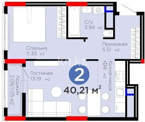 Продажа 2-комнатной квартиры, 40.21 м² в Астане