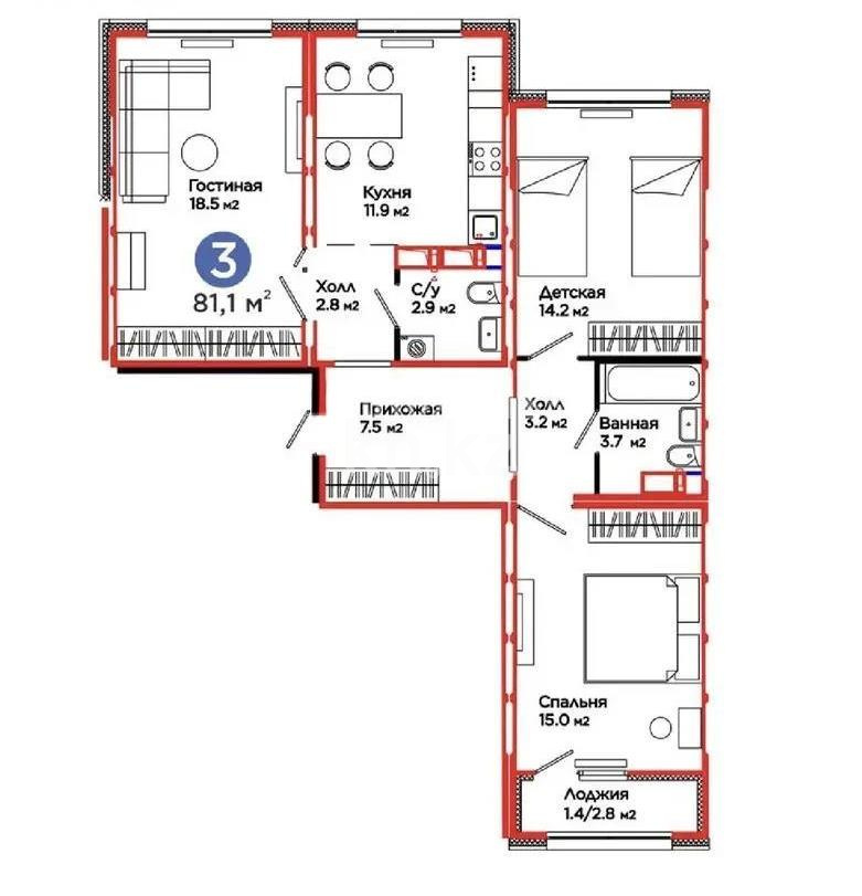 Продажа 3-комнатной квартиры, 80.7 м² - Продажа недвижимости в Астане - страница 9 фото 2 из 2