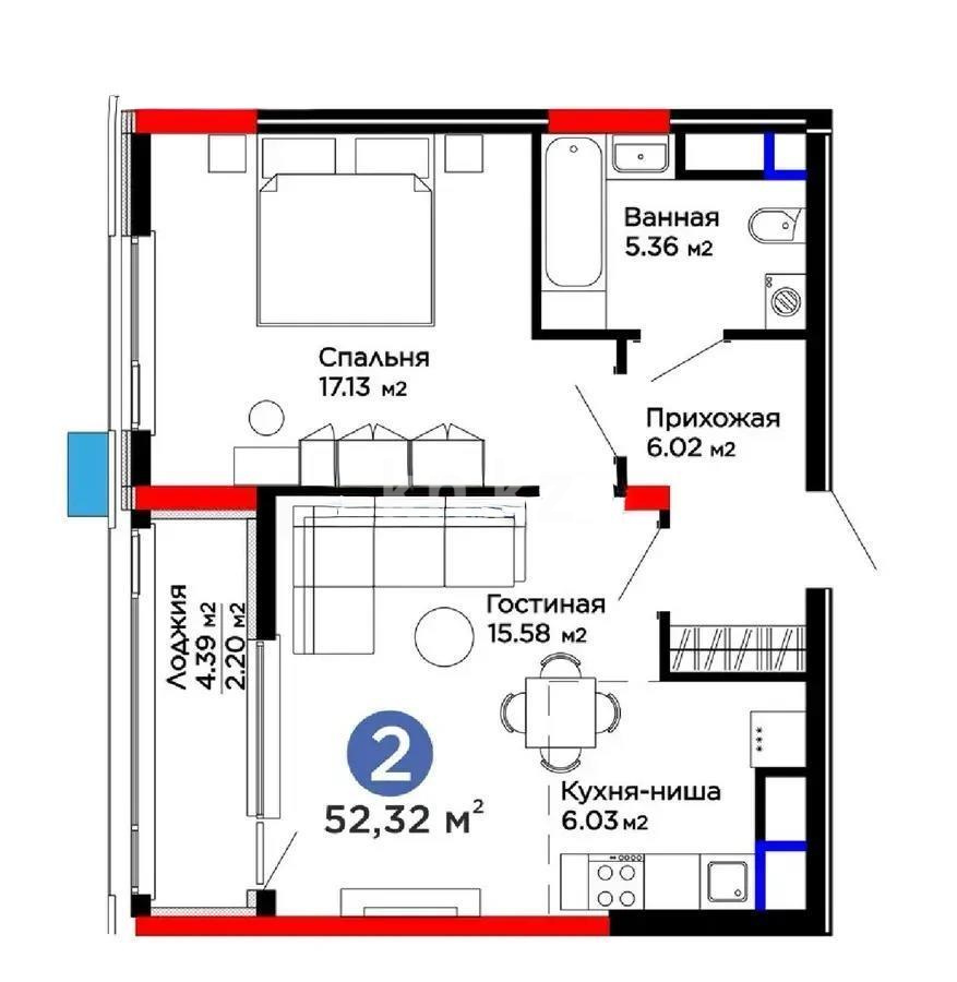 Продажа 2-комнатной квартиры, 53 м² в Астане
