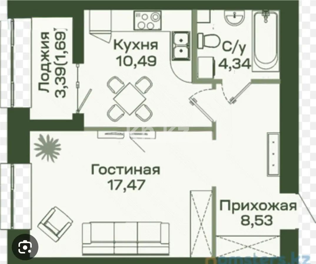 Продажа 1-комнатной квартиры, 41.87 м² в Астане