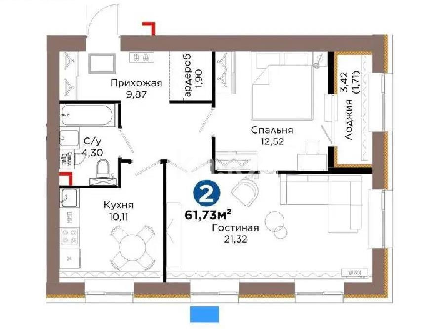 Продажа 2-комнатной квартиры, 61.73 м² в Астане