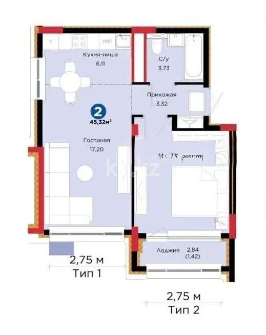 Продажа 2-комнатной квартиры, 46 м² в Астане
