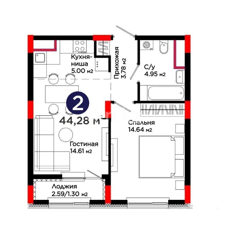 Продажа 2-комнатной квартиры, 44.28 м² в Астане