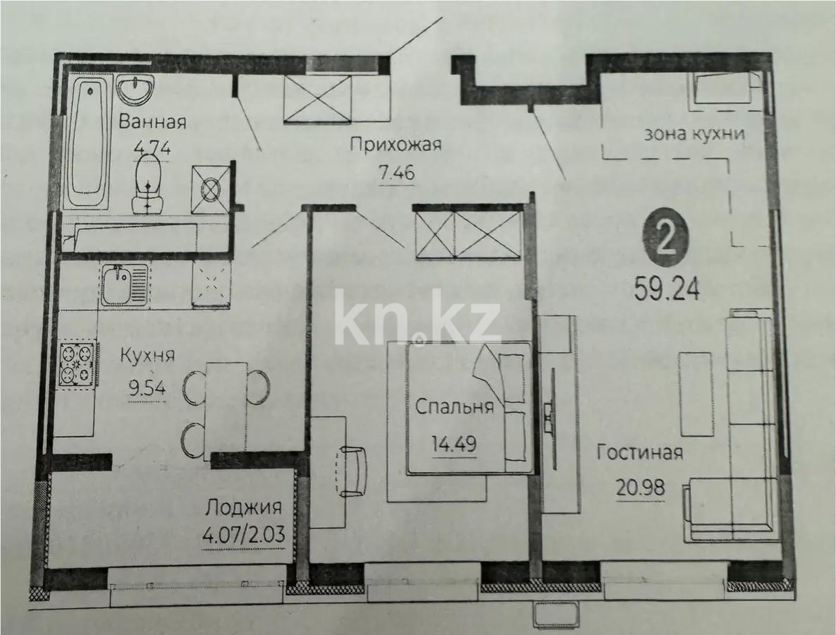 Продажа 2-комнатной квартиры, 58.9 м², ул. Серкебаева, дом  22 в Астане