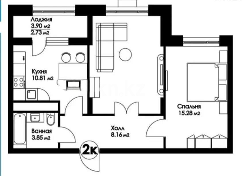 Продажа 2-комнатной квартиры, 57.71 м² в Астане