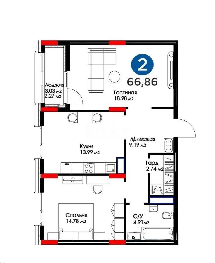Продажа 2-комнатной квартиры, 66.86 м², пр. Туран, дом  57/3 в Астане - фото 8