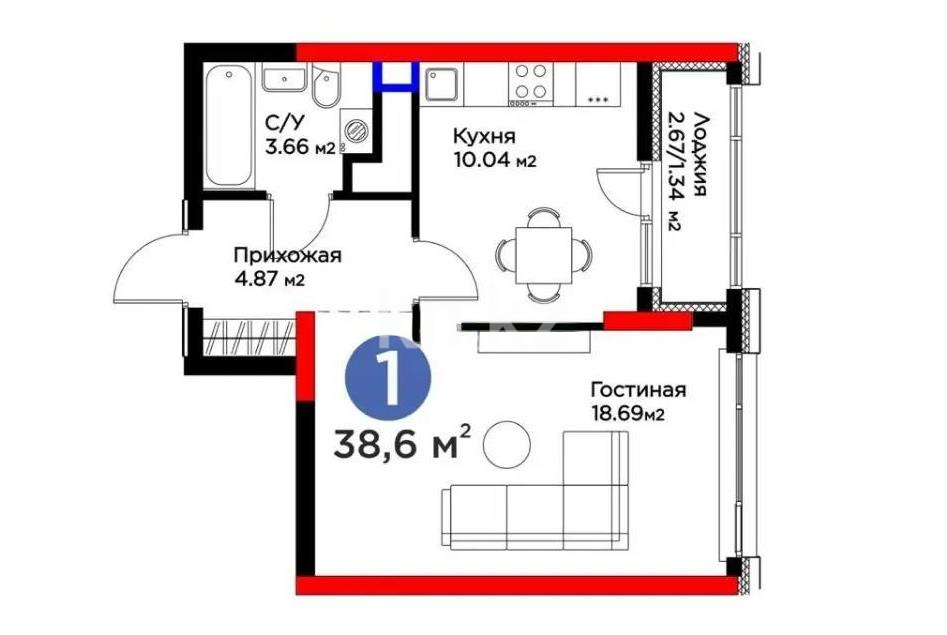 Продажа 1-комнатной квартиры, 38.6 м² в Астане