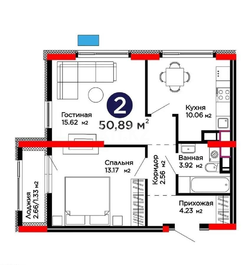 Продажа 2-комнатной квартиры, 51 м², ул. Бухар жырау, дом  31/1 в Астане