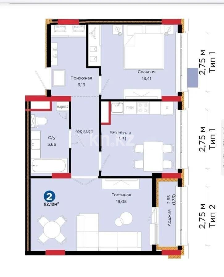 Продажа 2-комнатной квартиры, 63 м² в Астане