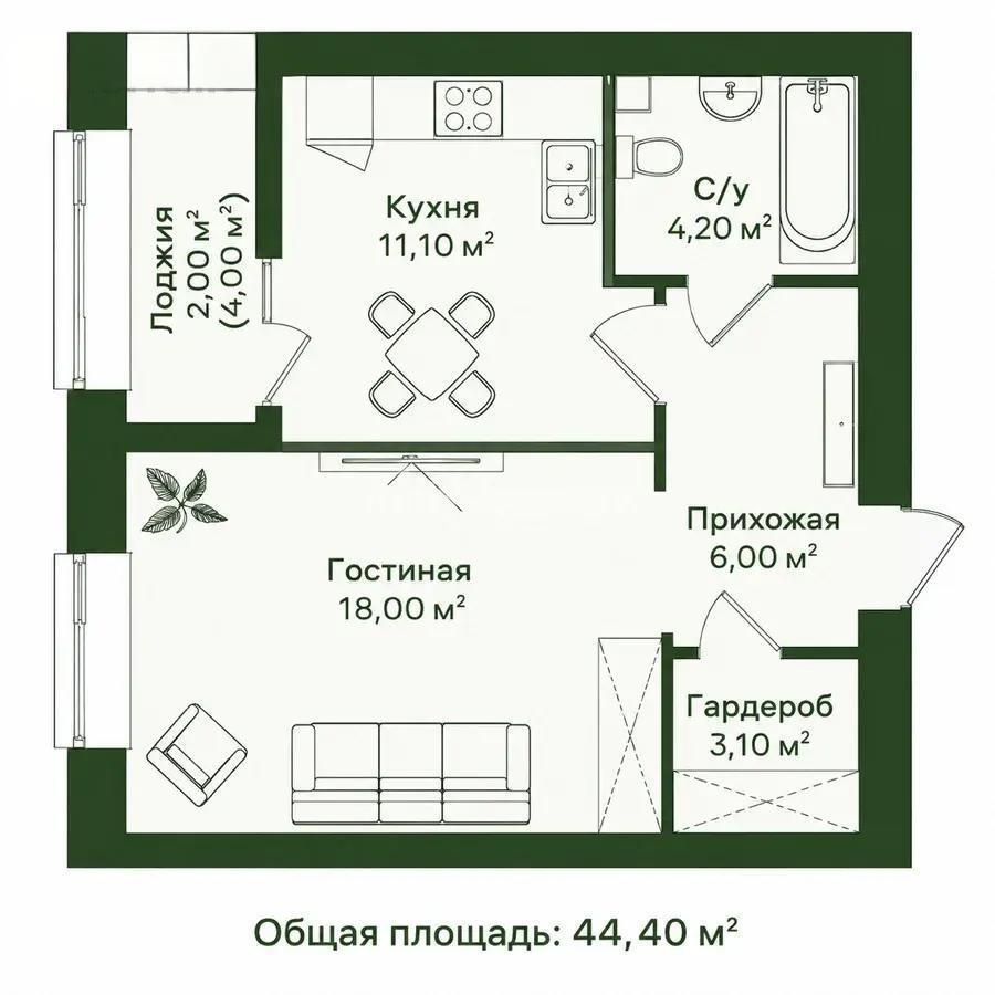 Продажа 1-комнатной квартиры, 44.4 м² в Астане