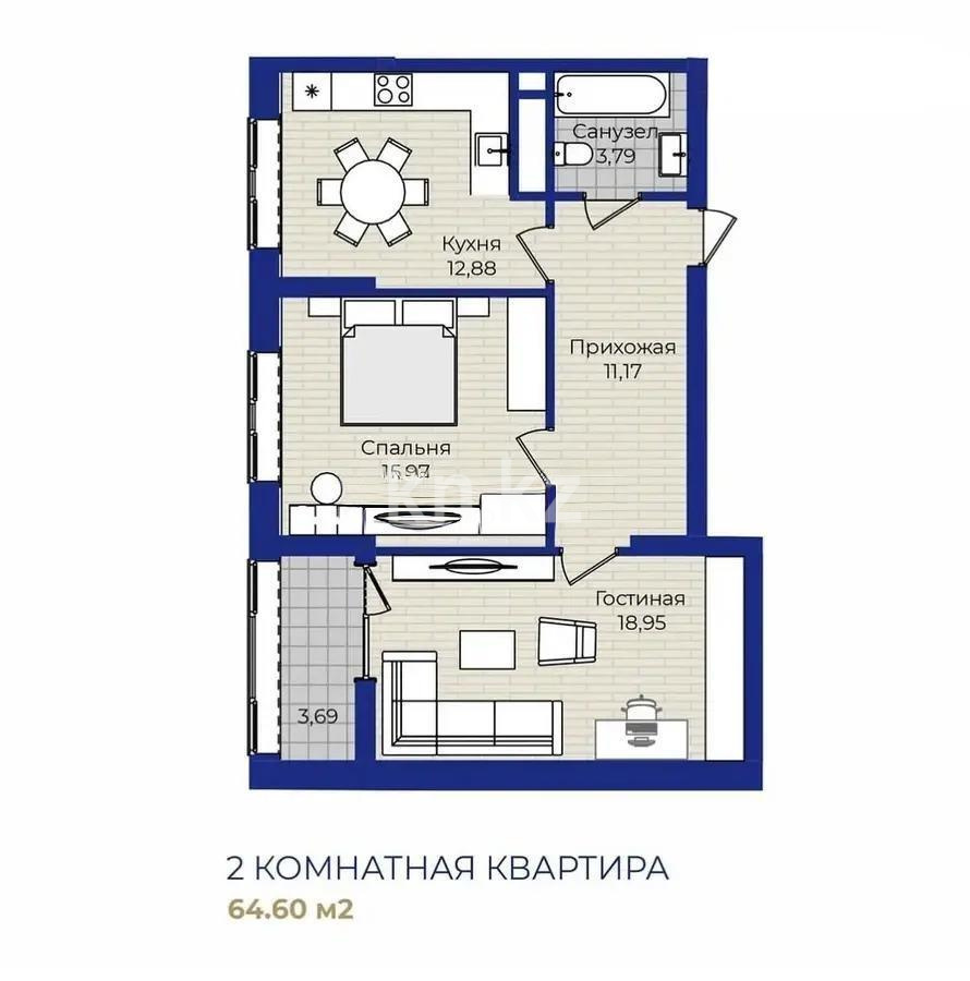 Продажа 2-комнатной квартиры, 64.7 м² в Астане