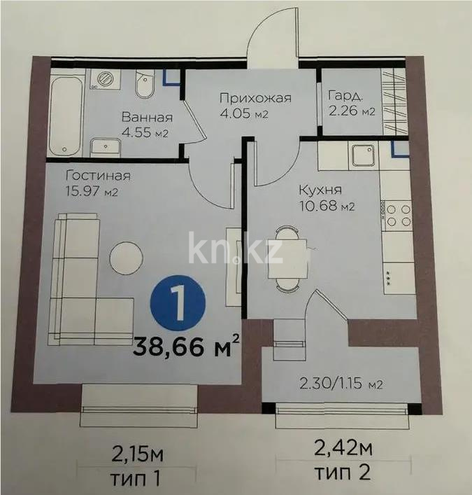 Продажа 1-комнатной квартиры, 38.66 м² - Продажа квартир в новостройках Астаны с фото - страница 2 фото 1 из 1