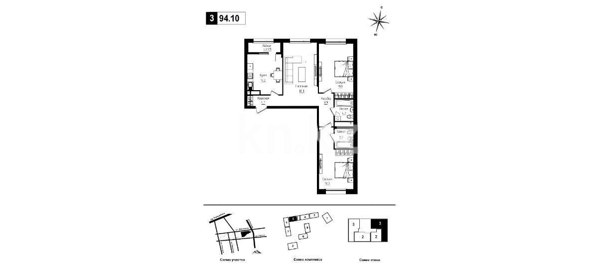 Продажа 3-комнатной квартиры, 94.1 м², ул. Ауэзова, дом  3г/2 - Продажа  двухкомнатных, трехкомнатных квартир в Алматы без посредников с фото фото 1 из 1