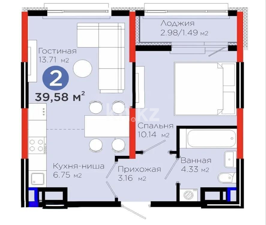 Продажа 2-комнатной квартиры, 39.58 м² в Астане