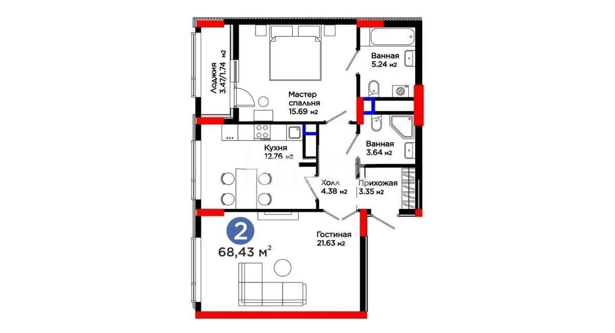 Продажа 2-комнатной квартиры, 68.43 м² - Продажа квартир в Казахстане - страница 19 фото 1 из 1