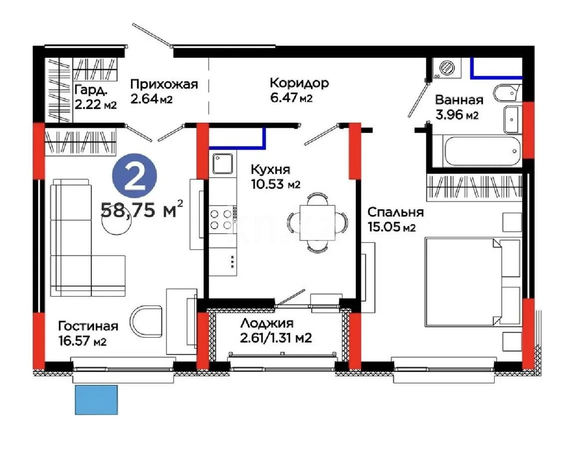 Продажа 2-комнатной квартиры, 59 м² - Продажа двухкомнатных квартир в Астане фото 1 из 1