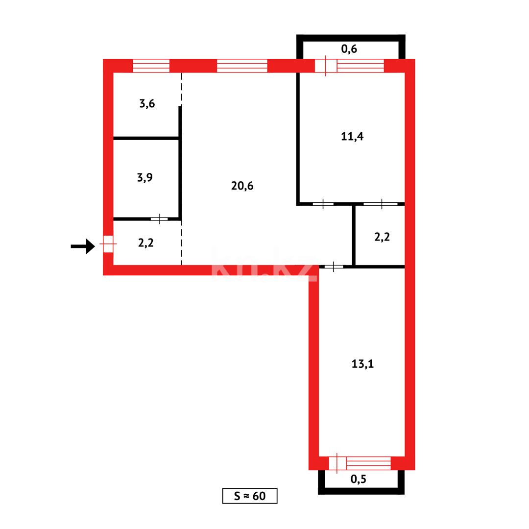 Продажа 3-комнатной квартиры, 58.1 м², пр. Абая - Продажа  трехкомнатных квартир в Астане фото 6 из 6