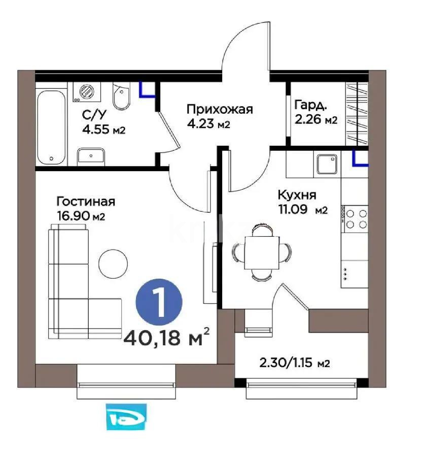 Продажа 1-комнатной квартиры, 40.18 м² - Продажа однокомнатных квартир в р-не Сарайшык Астаны фото 1 из 1