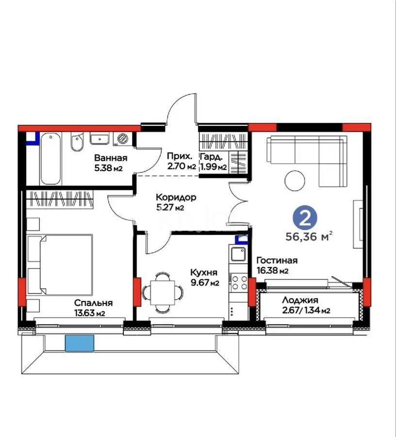 Продажа 2-комнатной квартиры, 56.36 м², ул. Жошы хана, дом  10 в Астане