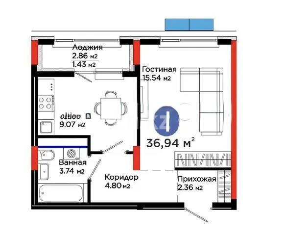 Продажа 1-комнатной квартиры, 36.94 м² в Астане