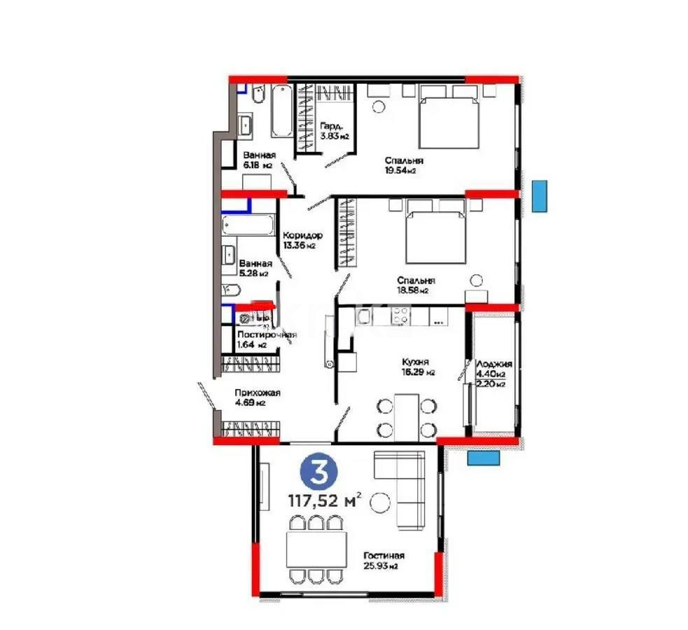 Продажа 3-комнатной квартиры, 118 м², ул. Рыскулова, дом  3 - Продажа квартир в Астане с фото фото 1 из 1