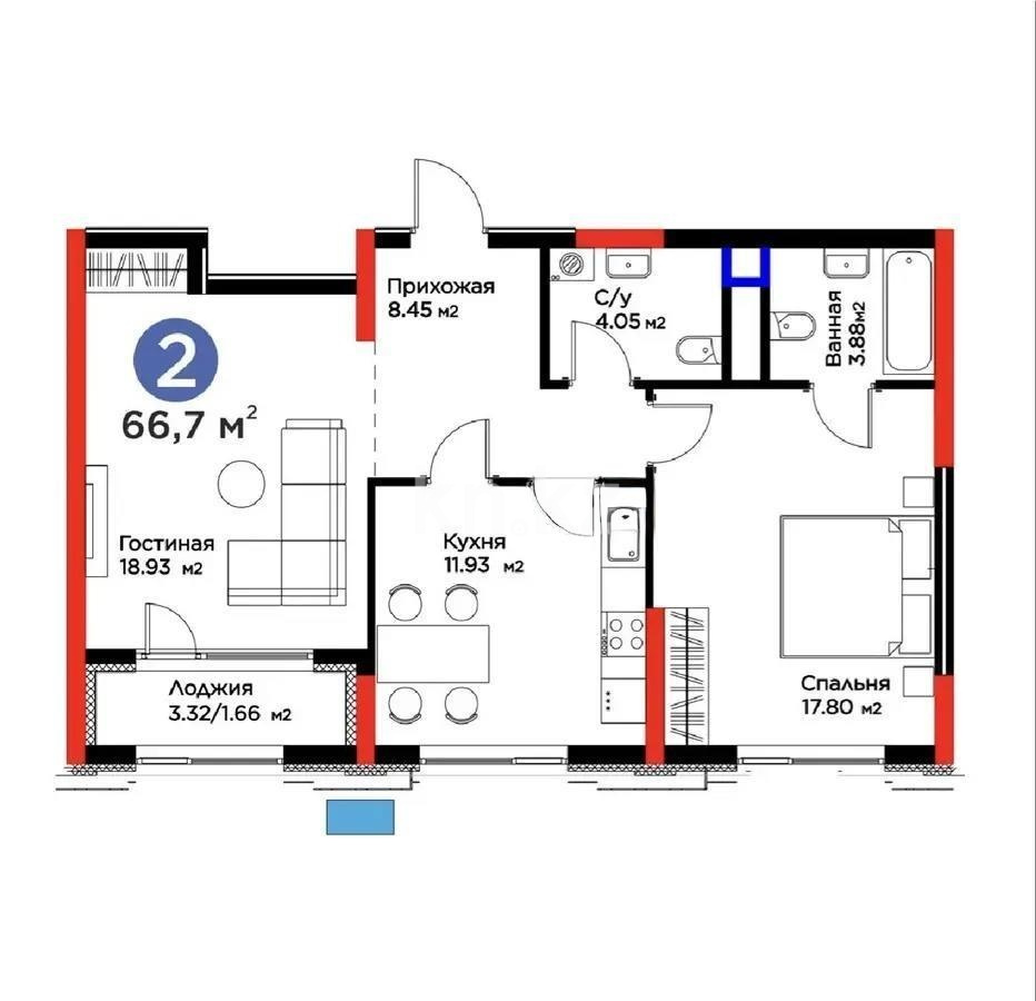 Продажа 2-комнатной квартиры, 66.7 м² в Астане