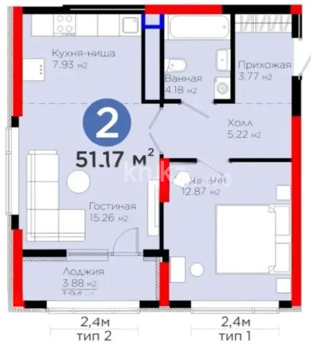 Продажа 2-комнатной квартиры, 51 м², ул. Бухар жырау, дом  20 в Астане