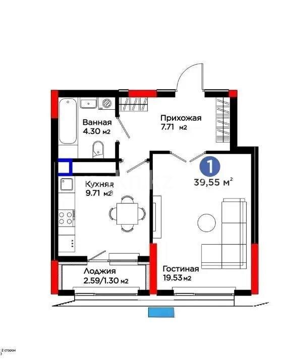 Продажа 1-комнатной квартиры, 39.55 м² в Астане