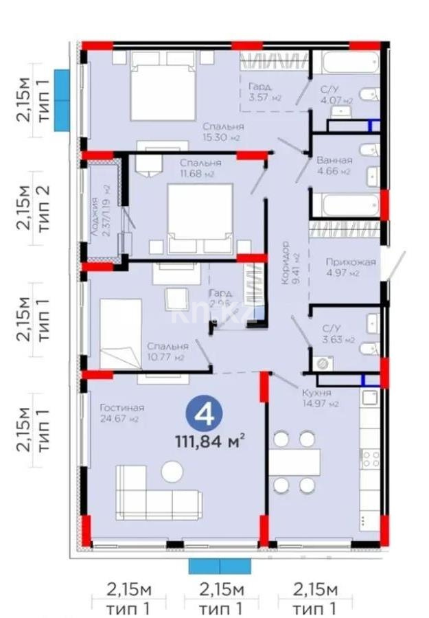 Продажа 4-комнатной квартиры, 111.84 м² - Продажа четырехкомнатных квартир от собственников в Астане фото 1 из 1