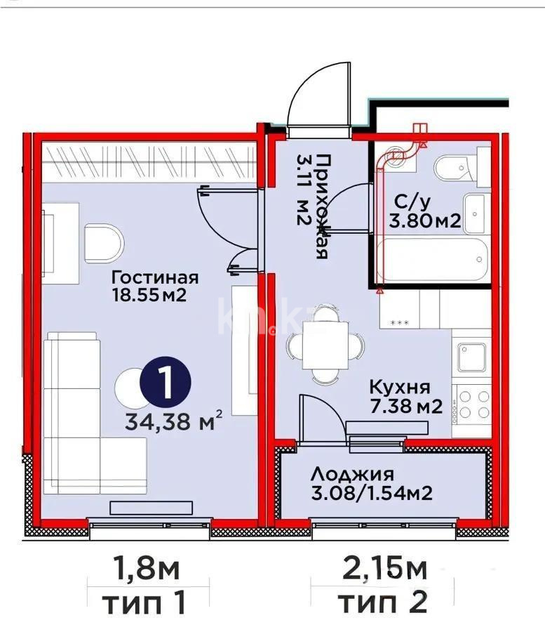 Продажа 1-комнатной квартиры, 34.38 м² - Продажа однокомнатных квартир от собственников в Астане - страница 35 фото 1 из 1